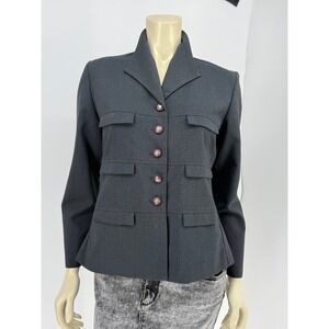Vintage 90s Utility Blazer Safari Military Chic Dark Academia Grey Jacket USA